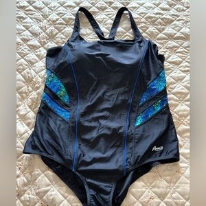 Roots Black and Blue One-Piece Swimsuit Sporty Design Size 18